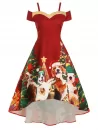 Christmas Tree Dog Print Sequined Cold Shoulder Party Dress