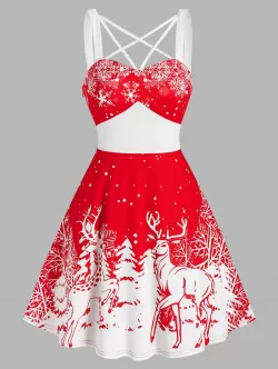 Christmas Tree Elk Snowflake Print Sleeveless Strappy Dress