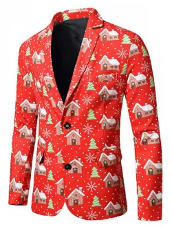 Christmas Tree House Snowflake Print Lapel Back Slit Blazer