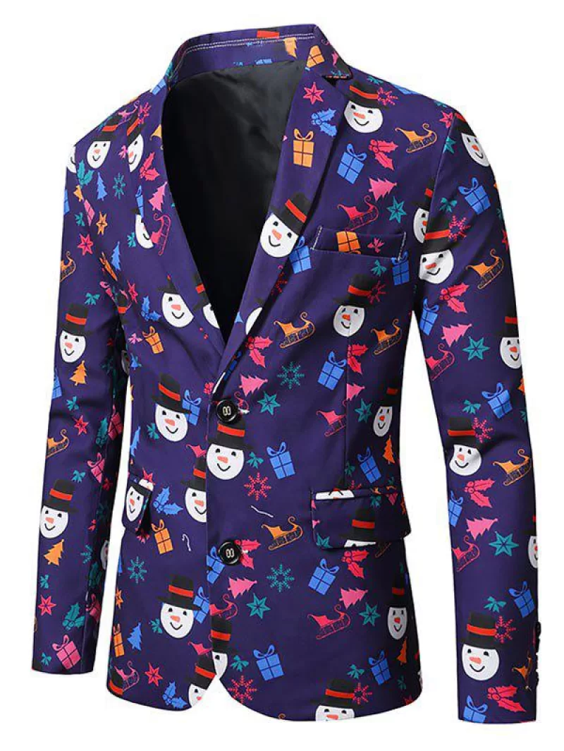 Christmas Tree Snowman Print Lapel Side Slit Blazer