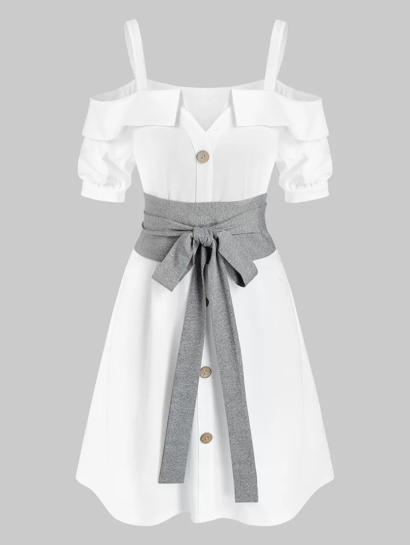 Cold Shoulder Button Through Belted Dress