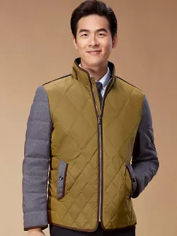 Color Block Spliced Design Argyle Zip-up Down Jacket