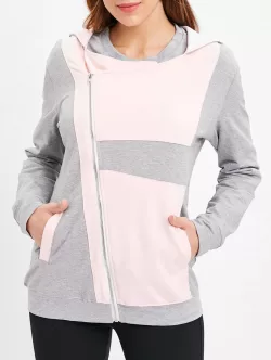 Color Block Zip Up Pocket Hoodie