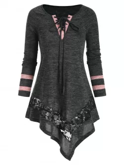 Contrast Lace Up Lace Panel Asymmetric T Shirt