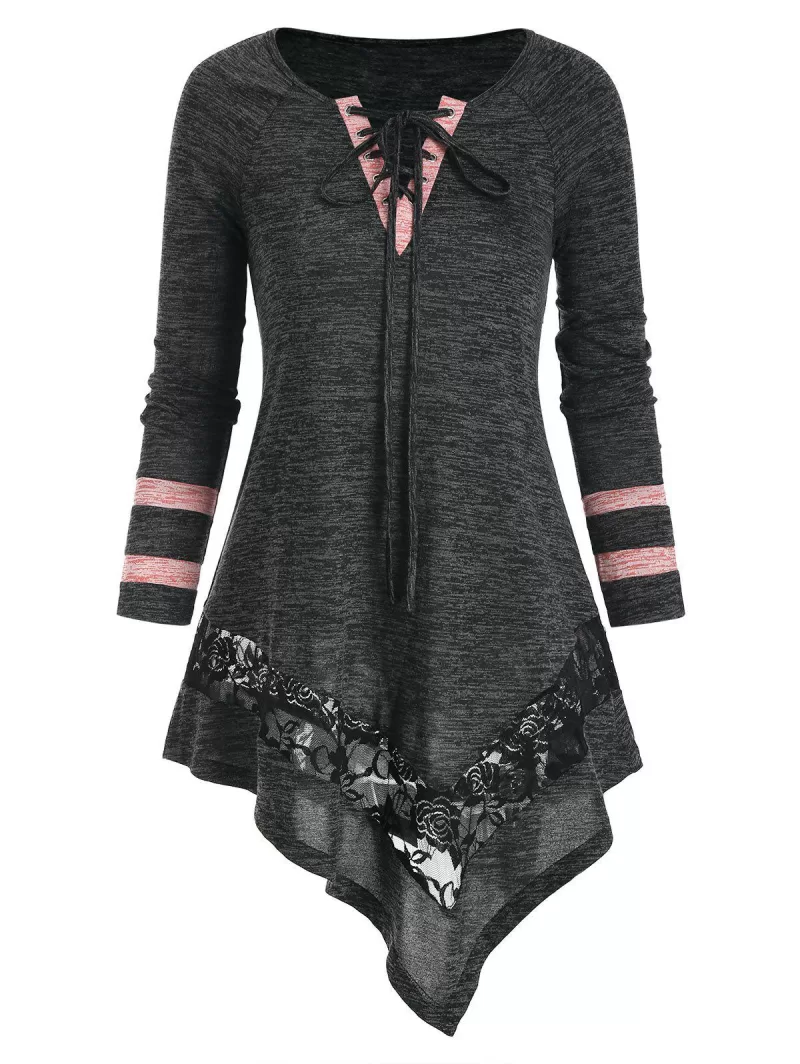 Contrast Lace Up Lace Panel Asymmetric T Shirt