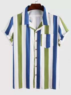 Contrasting Stripe Print Pocket Button Up Short Sleeve Shirt