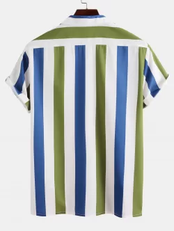 Contrasting Stripe Print Pocket Button Up Short Sleeve Shirt