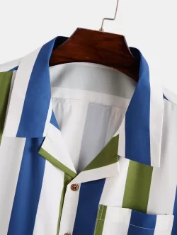 Contrasting Stripe Print Pocket Button Up Short Sleeve Shirt