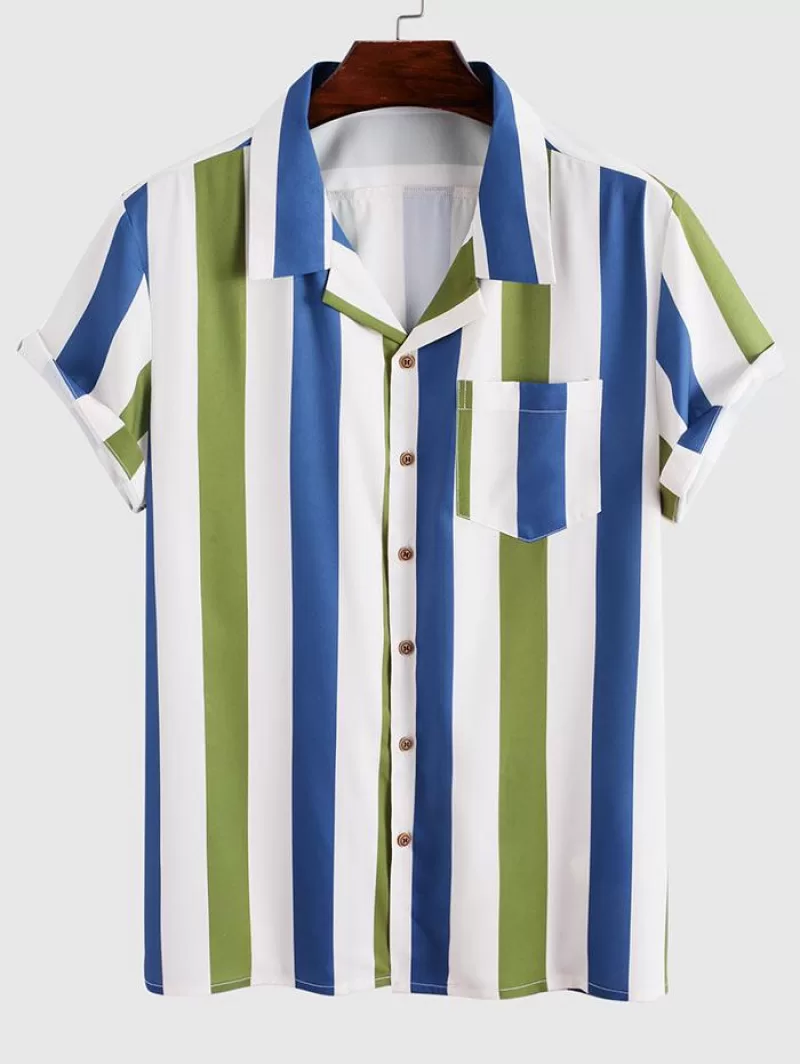 Contrasting Stripe Print Pocket Button Up Short Sleeve Shirt
