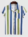 Contrasting Stripe Print Pocket Button Up Short Sleeve Shirt