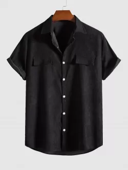 Corduroy Button Up Fake Pocket Short Sleeve Shirt