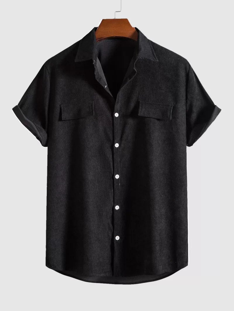 Corduroy Button Up Fake Pocket Short Sleeve Shirt