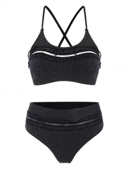 Crisscross Frilled Glitter Metallic Thread Bikini Swimsuit