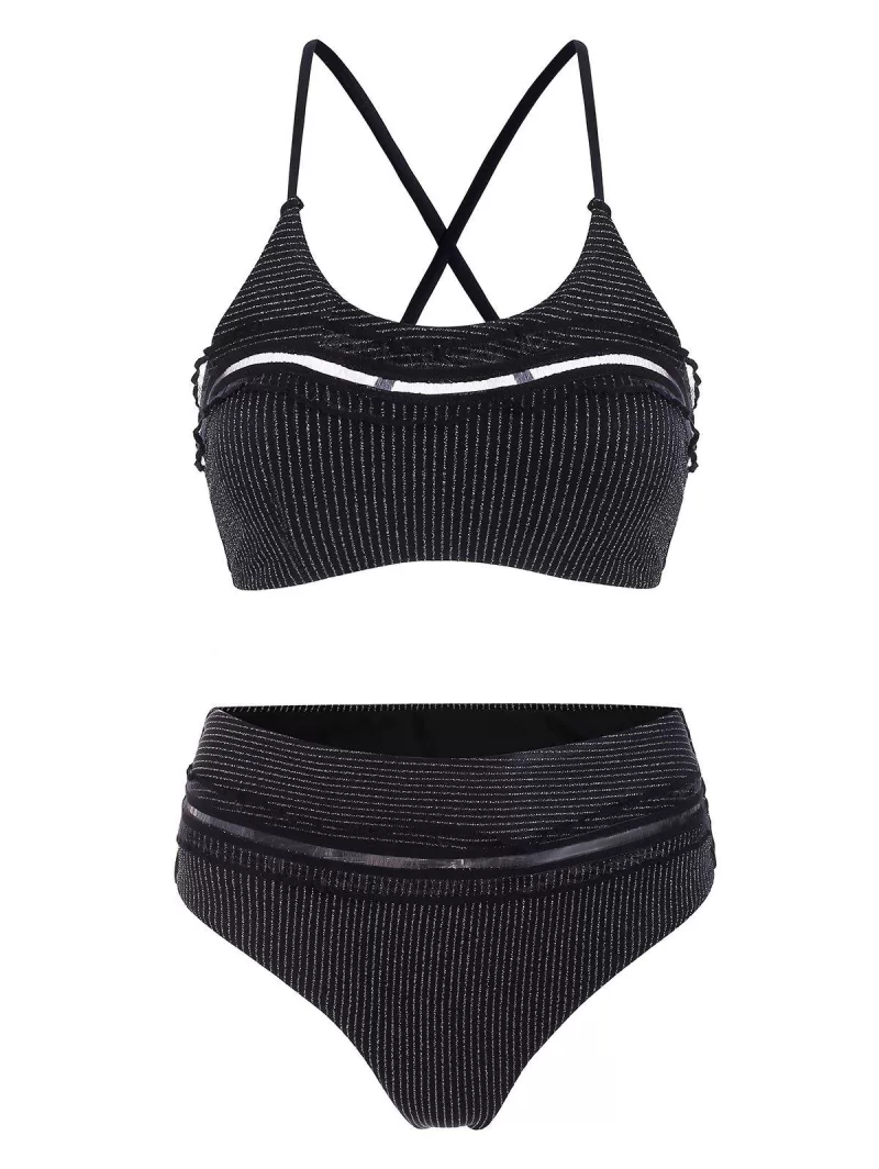 Crisscross Frilled Glitter Metallic Thread Bikini Swimsuit
