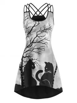 Crisscross Tree Cat Print Grommet High Low Dress