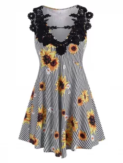 Crochet Lace Panel Sunflower Striped Longline Top