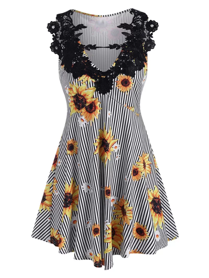 Crochet Lace Panel Sunflower Striped Longline Top
