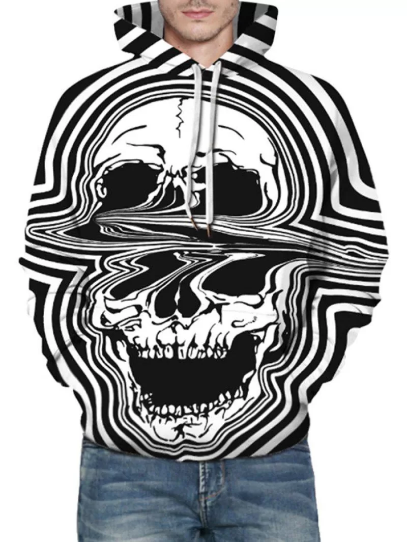 Distorted Skull Pattern Front Pocket Drawstring Hoodie
