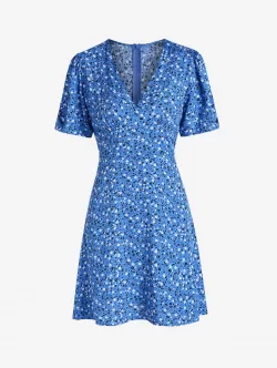 Ditsy Print Ruched Sleeve Empire Waist Dress