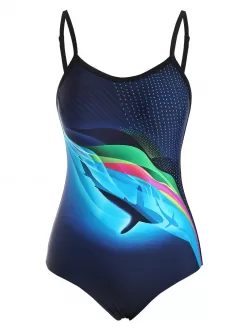 Dolphin Wave Print Backless One-piece Swimsuit