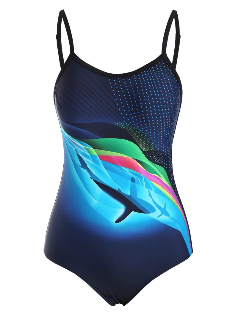 Dolphin Wave Print Backless One-piece Swimsuit