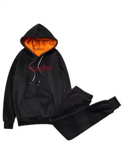 Drawstring Embroidered Sherpa Pullover Hoodie Twinset