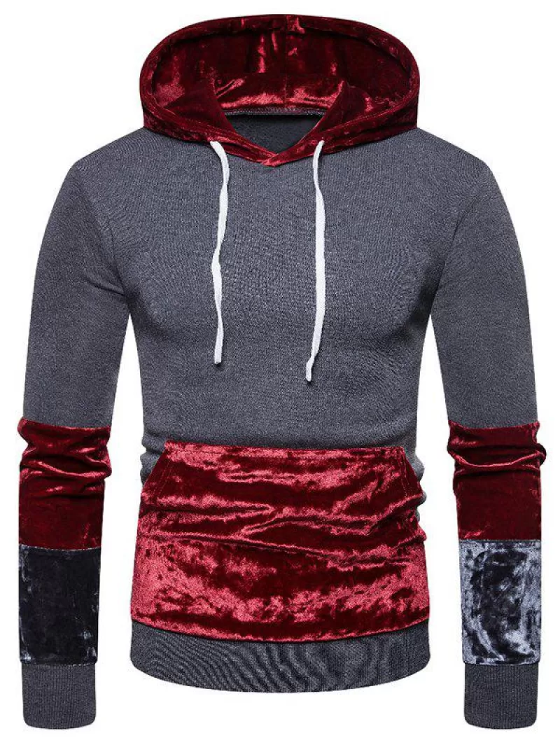 Drawstring Pleuche Patchwork Big Pocket Hoodie
