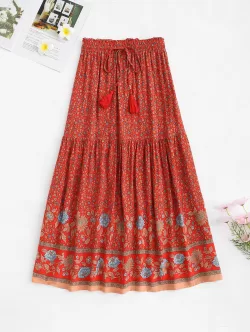 Drawstring Tasseled Bohemian Floral Maxi Skirt