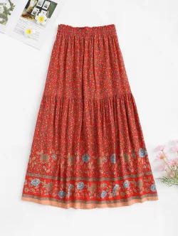 Drawstring Tasseled Bohemian Floral Maxi Skirt
