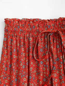 Drawstring Tasseled Bohemian Floral Maxi Skirt