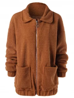 Drop Shoulder Zipper Faux Fur Coat