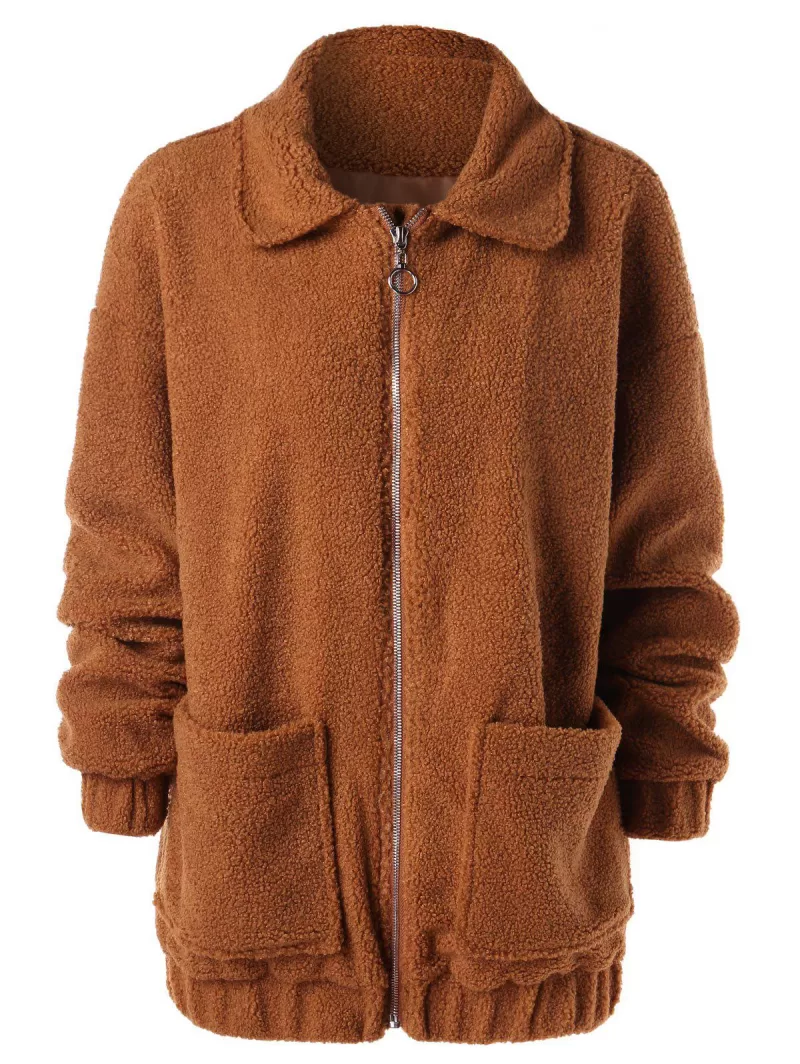 Drop Shoulder Zipper Faux Fur Coat