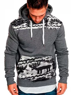 Elk Tribal Print Patchwork Fleece Hoodie