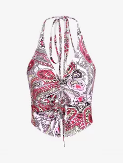 Ethnic Cinched Slit Halter Tank Top