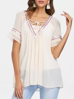 Ethnic Embroidery Tunic Chiffon Blouse