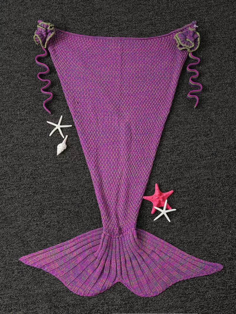 Fashion Knitted Flowers Embellished Mermaid Tail Shape Blanket For Kids