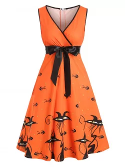 Fish Bone Cat Print Sleeveless Belted Dress