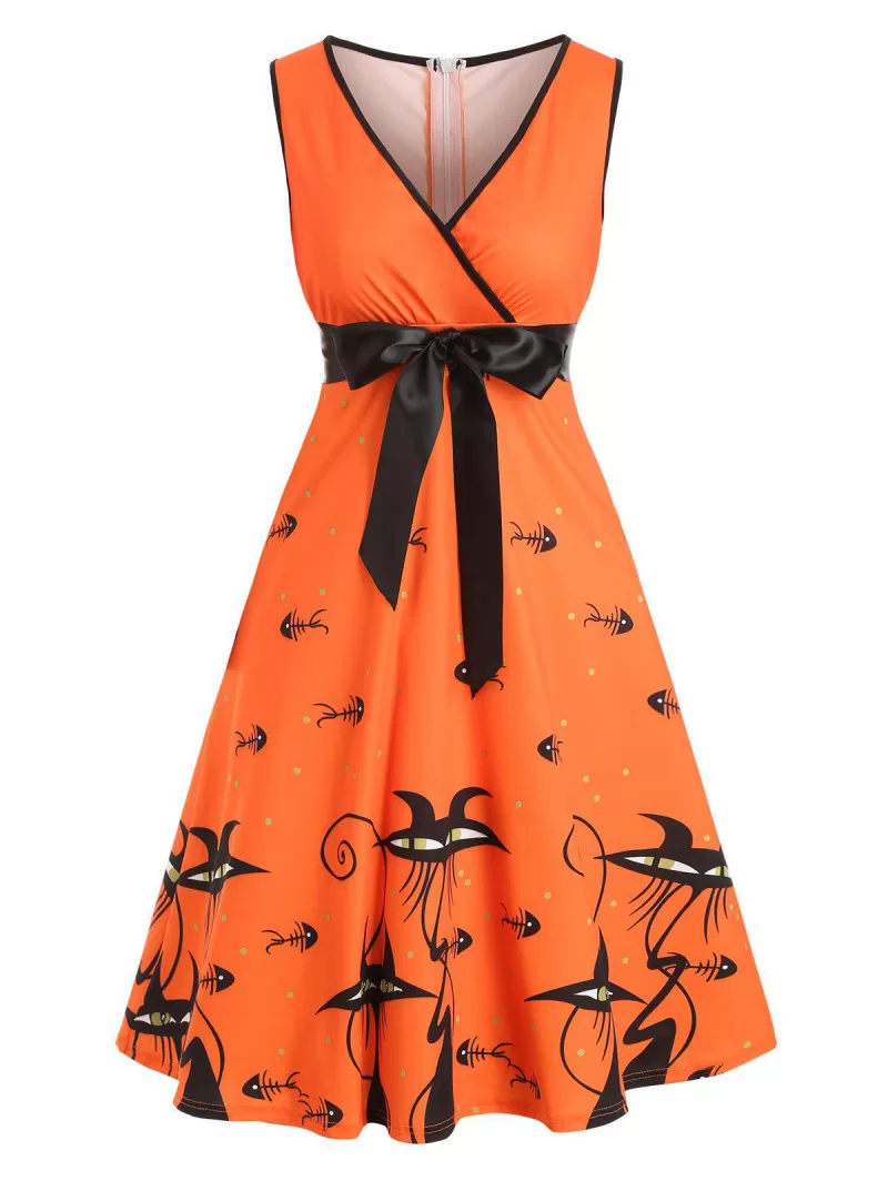 Fish Bone Cat Print Sleeveless Belted Dress
