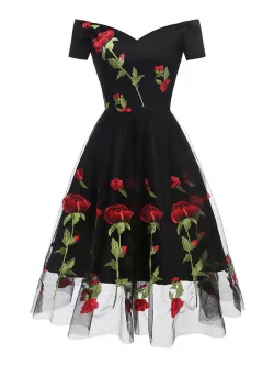 Floral Embroidered Mesh Off Shoulder Party Dress