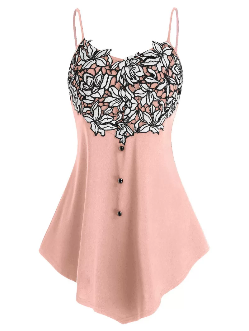 Floral Embroidery Button Cami Tank Top