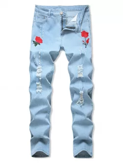 Floral Embroidery Ripped Design Jeans