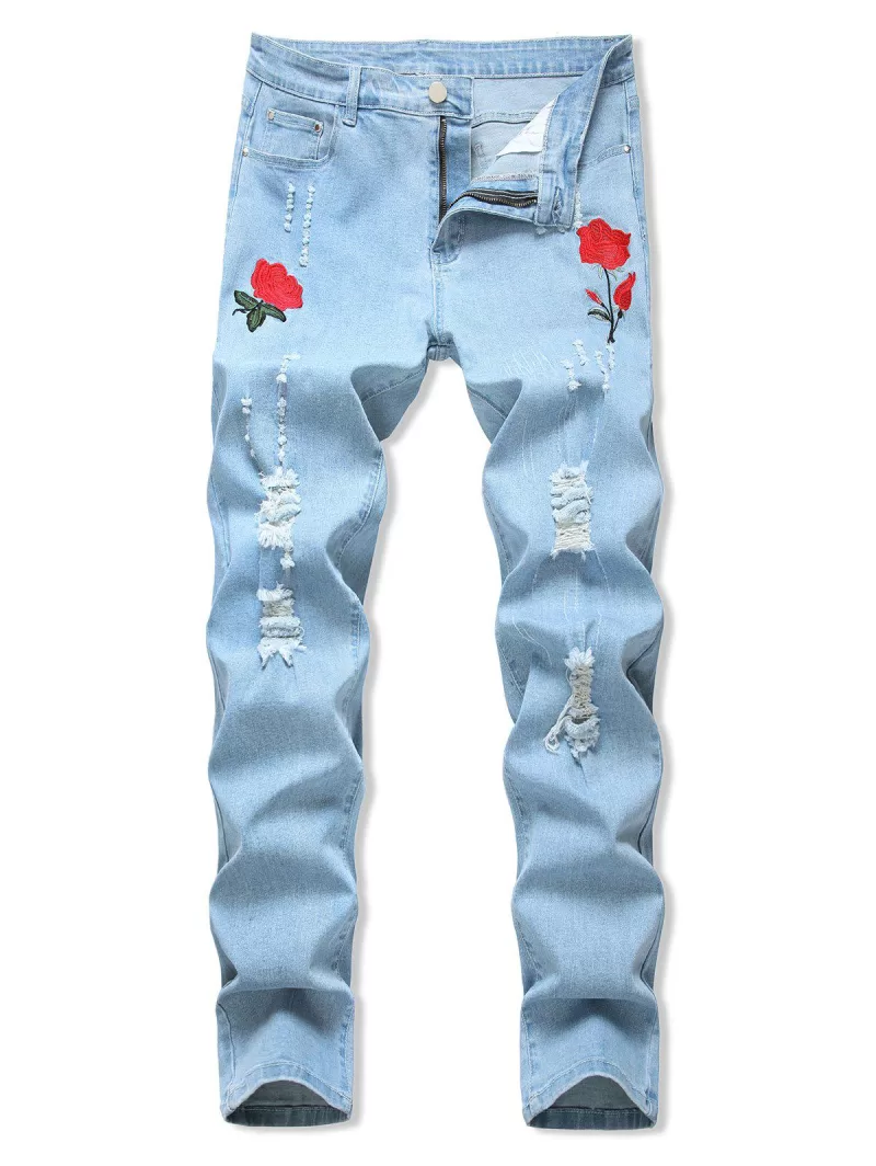 Floral Embroidery Ripped Design Jeans