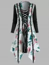 Floral Print Lace Up Lace Trim Asymmetrical Dress