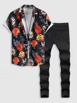 Floral Print Vacation Shirt And Frayed Ripped Jeans Set