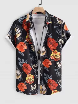 Floral Print Vacation Shirt And Frayed Ripped Jeans Set
