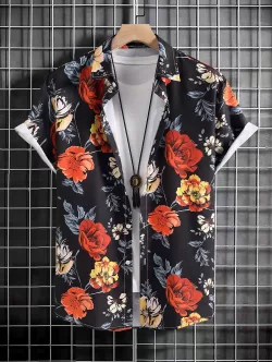 Floral Print Vacation Shirt And Frayed Ripped Jeans Set