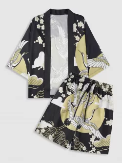 Floral Sun And Crane Print Kimono And Drawstring Shorts Set