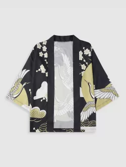 Floral Sun And Crane Print Kimono And Drawstring Shorts Set