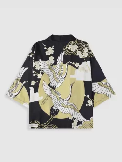 Floral Sun And Crane Print Kimono And Drawstring Shorts Set