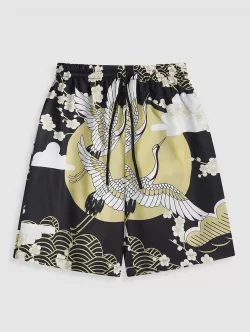 Floral Sun And Crane Print Kimono And Drawstring Shorts Set
